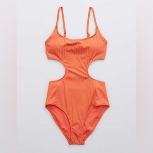 Aerie Coral Ribbed Cut Out One Piece Swimsuit sz XXS